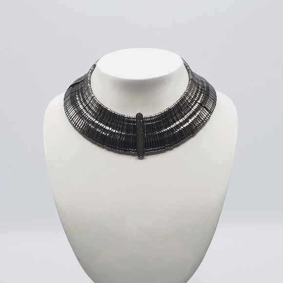 Gunmetal Metal Bar Choker Statement Necklace with Crystal Center‎ - Picture 5 of 6